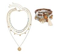 Vimmvid Juego de 2 joyas bohemias para mujer, cadena estilo boho, cadenas para mujer, joyas de verano, collares, pulseras, collar apilado, clásico, estilo bohemio, ropa de mujer, accesorios de