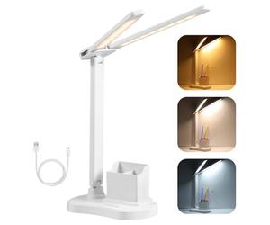 Vinabo LED Lámpara de Escritorio, 3 Colores y Brillo Regulable, Doble Cabezal Plegable, Control Táctil, Alimentación USB con Cable de 0,8 m, para Lectura, Estudio, Dormitorio y Oficina