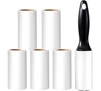 Vinabo Rodillo Quitapelos Mascotas, 1 Mango + 6 Rollos de Hojas Adhesivas, Rodillo Adhesivo para Ropa, Rodillo Quitapelusas para Ropa, Pelo, Sofá, Cama, Pelo de Gato y Perro - 60/Rollo (Paquete de 5)