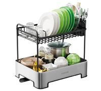 VINAK - Escurreplatos de Acero Inoxidable de 2 Niveles - Escurridor de Platos con cubertero - Desagüe 360º - Drenaje orientable | 42 x 32 x 38 cm