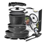 VINAK - Set de sartenes con mango extraible antiadherentes | 11 piezas - Sartén 26 cm + 20 cm, Cacerola 18 cm, Tapas Cristal/Almacenamiento, Utensilios Silicona | Inducción & Horno | Libre PFOA/BPA