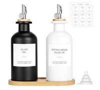 VINATO 2 Piezas Botella Aceite con Pico Vertedor, Aceiteras Vidrio 350ml | 2 Aceiteras Vidrio 350ml, Pico Antigoteo, Tapón Hermético. Incl. 18 Etiquetas, Bandeja Bambú & Embudo.
