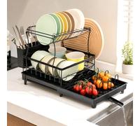 VINATO Escurreplatos, Escurridor de Platos de 2 Niveles Escurridor para Encimera de Cocina, Giratorio 360° y Extensible, Escurreplatos Fregadero con Bandeja Extraíble, 52x31x31cm, Negro