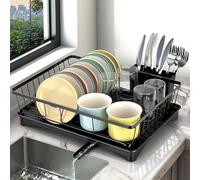 VINATO Escurreplatos, Escurridor de Platos Negro Escurridor para Encimera de Cocina, Giratorio 360° y Extensible, Escurreplatos Fregadero con Bandeja Extraíble, 42x30x13cm