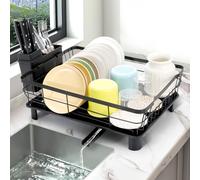 VINATO Escurreplatos Negro para Fregadero - 43x33x15cm Escurridor de Platos con Bandeja Extraíble, Organizador de Cocina 360° Drenaje, Acero al Carbono & Plástico Antideslizante