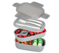 VINATO Fiambrera 1900ml Bento Box con 3 Niveles, Hermética y con Cubiertos, Ideal para Fiambreras Comida Trabajo, Oficina, Escuela o Acampadas, Sin BPA, Gris