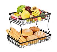 VINATO Frutero de 2 Niveles de Metal - Organizador Moderno con Asas de Madera, para Cocina, Baño & Más - Ideal para Frutas, Verduras & Almacenamiento, Negro