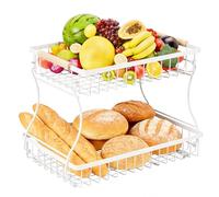 VINATO Frutero de 2 Niveles de Metal - Organizador Moderno con Asas de Madera, para Cocina, Baño & Más - Ideal para Frutas, Verduras & Almacenamiento