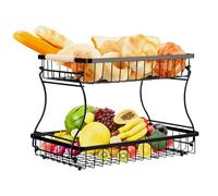 VINATO Frutero de 2 Niveles de Metal - Organizador Moderno con Asas de Madera, para Cocina, Baño & Más - Ideal para Frutas, Verduras & Almacenamiento, Negro