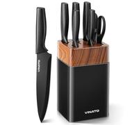 VINATO Juego de Cuchillos de Cocina, de 7 Piezas con Bloque y Afilador de Cuchillos Integrado, Set Cuchillos Cocina con 5 Cuchillos Diferentes y 1 par de Tijeras, Negro