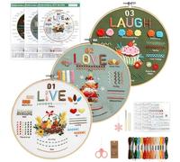 VINATO Kit de Bordado para Principiantes, 3 Motivos Impresos Festivos, Bastidor de Bambú 20 cm, Tijeras, Hilos 10 Colores, Set Completo Punto de Cruz, Manualidades para Adultos