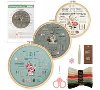 VINATO Kit de Bordado para Principiantes, Completo con 34 Puntadas, 3 Motivos Florales, Bastidor de Bambú, 10 Colores de Hilo, Accesorios - Aprende Bordado, Regalo Creativo para Adultos