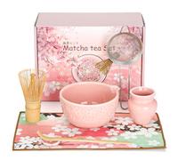 VINATO Kit Matcha 7 piezas, Batidores de Matcha Cuenco de Cerámica con Boquilla, Colador, Soporte para Batidor, Batidor de Matcha de Bambú, Cuchara y Pala - Set de Regalo para Amantes del Matcha