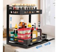VINATO Organizador Bajo Fregadero Cocina, 2 Niveles under Sink Organizer Extraible, Altura Ajustable Mueble Estantería, Productos Limpieza Armario Almacenamiento, Negro