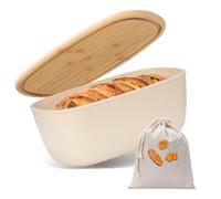 VINATO Panera de Plástico con Tapa de Bambú - 37 x 22,5 x 14 cm (6L) Panera para Guardar el Pan | Incluye Bolsa de Algodón | Bread Box Multiusos