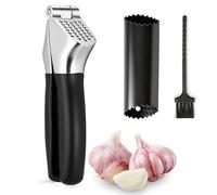 VINATO Prensa Ajos 3 en 1, Machacador de Ajos Manual con Pelador y Cepillo, Picador Ajo de Aleación de Zinc y Nylon, Utensilio de Cocina para Ajos Frescos, Negro