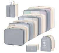 VINATO Set de 14 Organizadores de Viaje, Organizador Maleta con Bolsas Organizadoras Maleta, Packing Cubes para Ropa, Bolsa para Zapatos y Organizador de Malla, Gris y Beige