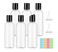 VINATO Set de Botes de Viaje 100ml 6 Piezas con Embudos y Etiquetas - Botellas Rellenables en PET con Tapa Abatible - Kit Antifugas para Líquidos, Apto para Equipaje de Mano