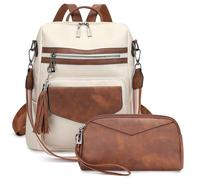 VINBAGGE Bolso Mochila Mujer de Cuero PU Bolsos Hombro Ordenador Portátil Impermeable Escolar Antirrobo de Mochila para Viajar Trabajo Escolar (Blanco y Marrón)