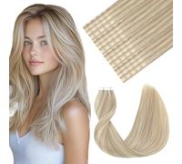 VINBAO 18P613 - Extensiones de pelo humano con micro cinta en color rubio ceniza y resaltado, 50 g, 20 unidades, 40 cm, liso, grueso, cinta de pelo en 16 pulgadas