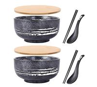 Vinbcorw Cuenco japonés con tapa, cuenco de cerámica para ramen, juego de 2 cuencos de cerámica vintage para ramen, cuenco de arroz dibujado a mano, cuenco de fideos instantáneos,A4