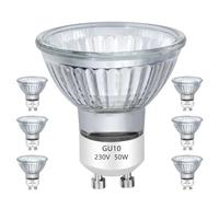 VINBE Bombillas Halógenas 50W GU10, Focos de 2 Agujas 38° Haz de Luz Ajustable, Para Pista, Campana Extractora, Cubierta de Vidrio, 2800K Blanco Cálido, 6 Piezas