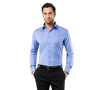 Vincenzo Boretti Camisa de Hombre, Ajustada Entallada (Slim-fit), 100% algodón, Manga-Larga, Cuello Kent, Lisa - no Necesita Plancha Azul 37-38