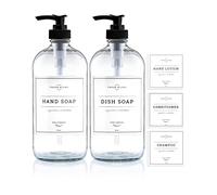 Vine Creations Clear Glass Soap Dispenser, 2 Pack Kitchen Soap Dispenser Set with Rustproof Pump, 16 oz Dish Soap and Hand Soap Dispensers for Bathroom with Waterproof Labels