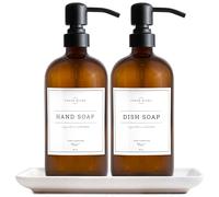 Vine Creations Dispensador de jabón de Vidrio ámbar, Juego de 2 dispensadores de jabón de Cocina con Bandeja de cerámica, Bomba de Acero Inoxidable, dispensador de jabón de Platos para Cocina,