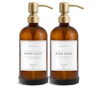 Vine Creations Dispensador de jabón de Vidrio ámbar, Paquete de 2, Botellas Gruesas de 16 onzas, Bomba de Acero Inoxidable, Accesorios de Cocina y baño, dispensador de jabón de Mano, con Etiquetas
