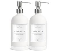 Vine Creations Dispensador de jabón de vidrio blanco, juego de 2 dispensadores de jabón de cocina con bomba de acero inoxidable, dispensador de jabón de manos de 16 onzas para baño, dispensador de
