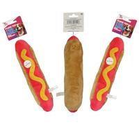 VINE PETS Juguetes de peluche para perros calientes con temática de salchicha para perros, paquete de 3, juguetes masticables chirriantes con material suave, diseño marrón rojo y mostaza