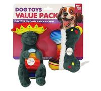VINE PETS Paquete económico de juguetes de peluche para perros, juguetes masticables chirriantes con formas de dinosaurio y hueso, tema navideño para todas las razas, paquete de 2, dinosaurio y hueso