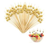 VINEST 200 Piezas Palillos para Aperitivos, Brochetas Chuches Comunion Desechables, Palillos Tarta Chuches con Cuentas Redondas, Palillos de Dientes de Bambú para Frutas Aperitivos Tentempiés(Dorado)