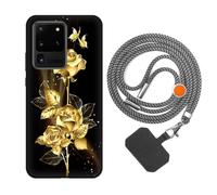 vingarshern Funda Compatible con Samsung Galaxy S20 Ultra 4G/5G Carcasa Silicona Suave Marco,Anti-Choque Funda con Aesthetic Dibujos+1×Correa Colgante Ajustable,Flores Doradas