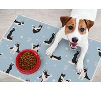 VINILIKO Design | Alfombrilla Impermeable Vinílica para comedero de Mascota, Boston Terrier Yoga 48x75 cm - Alfombra Vinilo, Antideslizante, Resistente y Lavable