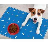 VINILIKO Design | Alfombrilla Impermeable Vinílica para comedero de Mascota, Huesos y Corazones Azul 48x75 cm - Alfombra Vinilo, Antideslizante, Resistente y Lavable