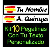 Vinilin - Kit 10 Pegatinas Vinilo Impreso Bandera España + Tu Nombre o Texto Personalizado. Resistentes Al Agua, Al Sol, y a los Arañazos - Laminado UV (Fondo Blanco - Texto Negro)