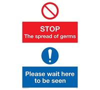 Vinilo adhesivo con texto en inglés "Stop gérmenes, please wait here to be seed"