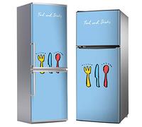 Vinilo Adhesivo Decorativo para Nevera, Especial Libre De Burbujas, Diseño con Cubiertos Bosquejados Sobre Fondo Azul Claro (185cm x 60cm)