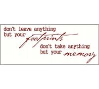 Vinilo adhesivo decorativo para pared con cita de 28 W x 11 H, diseño con texto en inglés: "Don't Leave Anything But Your Footprints", color rojo