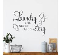 Vinilo adhesivo para pared con texto en inglés «Laundry The Never Ending Story» con burbujas para pared, vinilo para decoración del hogar, letrero de lavandería, refranes murales, 57 x 40 cm