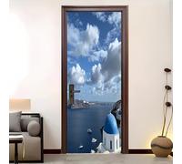 Vinilo Autoadhesivo Para Puerta 77x200 cm isla, Grecia Pegatinas Puertas Impermeables, ExtraíBles Sin Residuos Azul Para DecoracióN De Dormitorio, BañO u Oficina