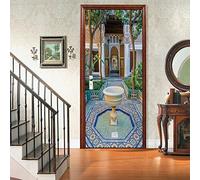 Vinilo Decorativo 3D Estilo Marroquí Papel Pintado Mural Autoadhesivo Impermeable BonsáI de Villa Puerta Pegatina para Baño, Cocina, Sala y Dormitorio Pegatina de Puerta 77x200 cm