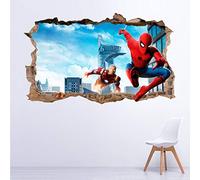 Vinilo decorativo adhesivo infantil Spiderman Iron Man con efecto 3D de pared rota - Varias medidas (90_x_55_cm)