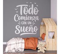 Vinilo Decorativo de Pared con Frase Motivadora en Español "Todo Comienza con un Sueño", Pegatina Adhesiva para Decoración del Hogar, Oficina o Estudio (Blanco, 27 x 20 cm)