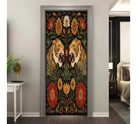 Vinilo Decorativo para Puerta Flores de Tigre de Estilo Folk Retro Papel Pintado Mural Autoadhesivo e Impermeable Verde Pegatina de Puerta para Baño, Cocina, Sala y Dormitorio 83x204 cm