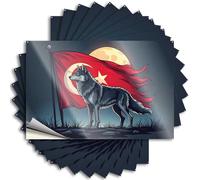 Vinilo impermeable para despegar y pegar, diseño de lobo de pie frente a la bandera turca bajo la luz de la luna, núcleo duro, vinilo impermeable para silicona (6 x 9 cm)
