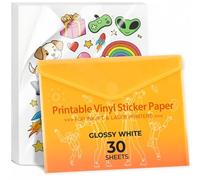 Vinilo imprimible para impresora de inyección de tinta y láser, paquete de 30 adhesivos de vinilo impresos, color blanco brillante, tamaño carta estándar de 21,6 x 27,9 cm