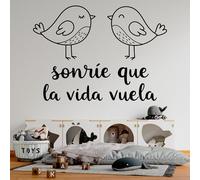Vinilo para Pared con Frase "Sonríe que la Vida Vuela", Pegatina Decorativa con Pájaros para Dormitorio Infantil, Guardería o Sala de Juegos (Negro, 60 x 43 cm)